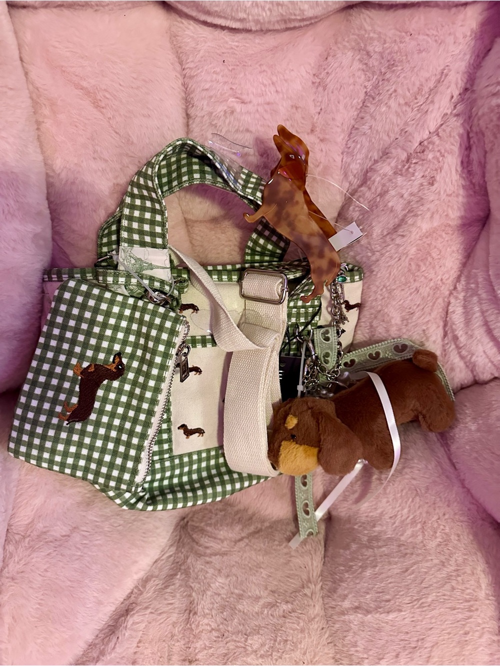 Madden Girl Dachshund Green Gingham small bag with Dog Appliqués